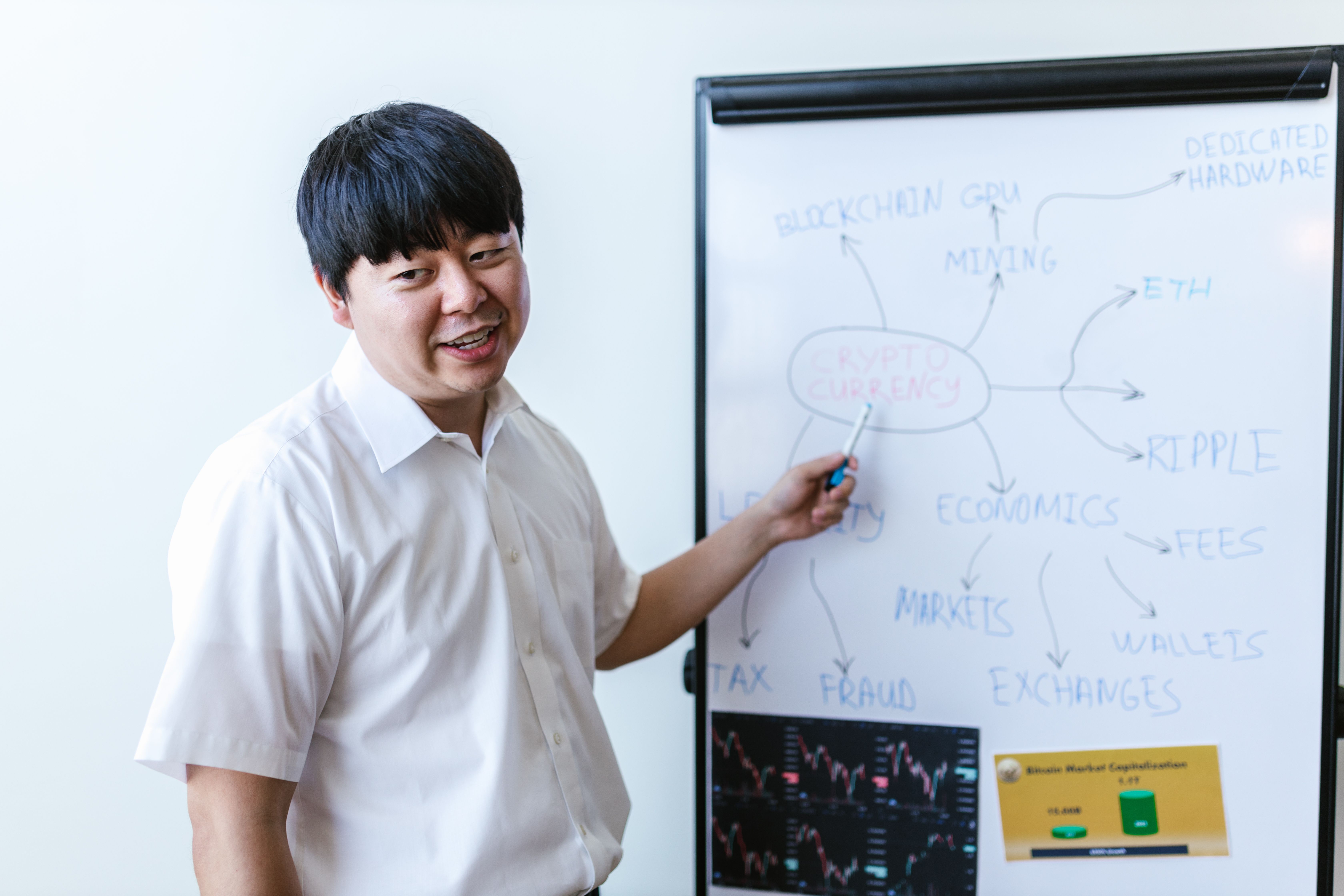 A presenter explaining a concept on a whiteboard to attendees in a masterclass setting.